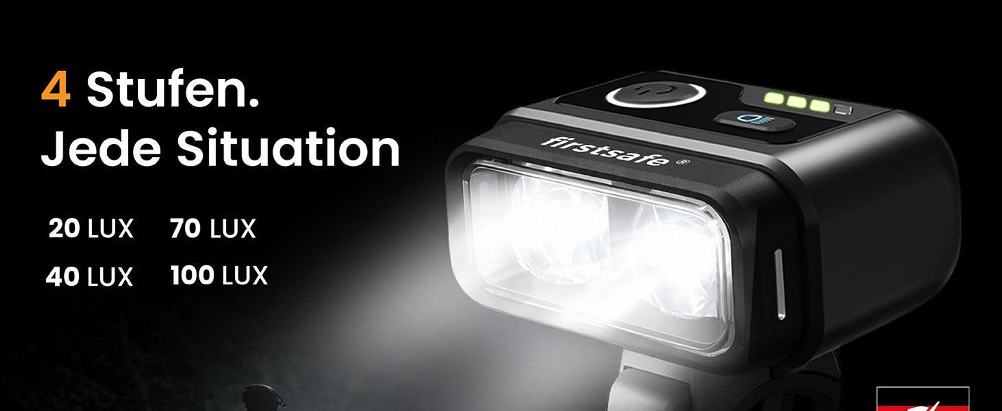 firstsafe® Fahrradlicht Set Front- & Rücklicht mit Fernlicht, Bremslicht & Akku
