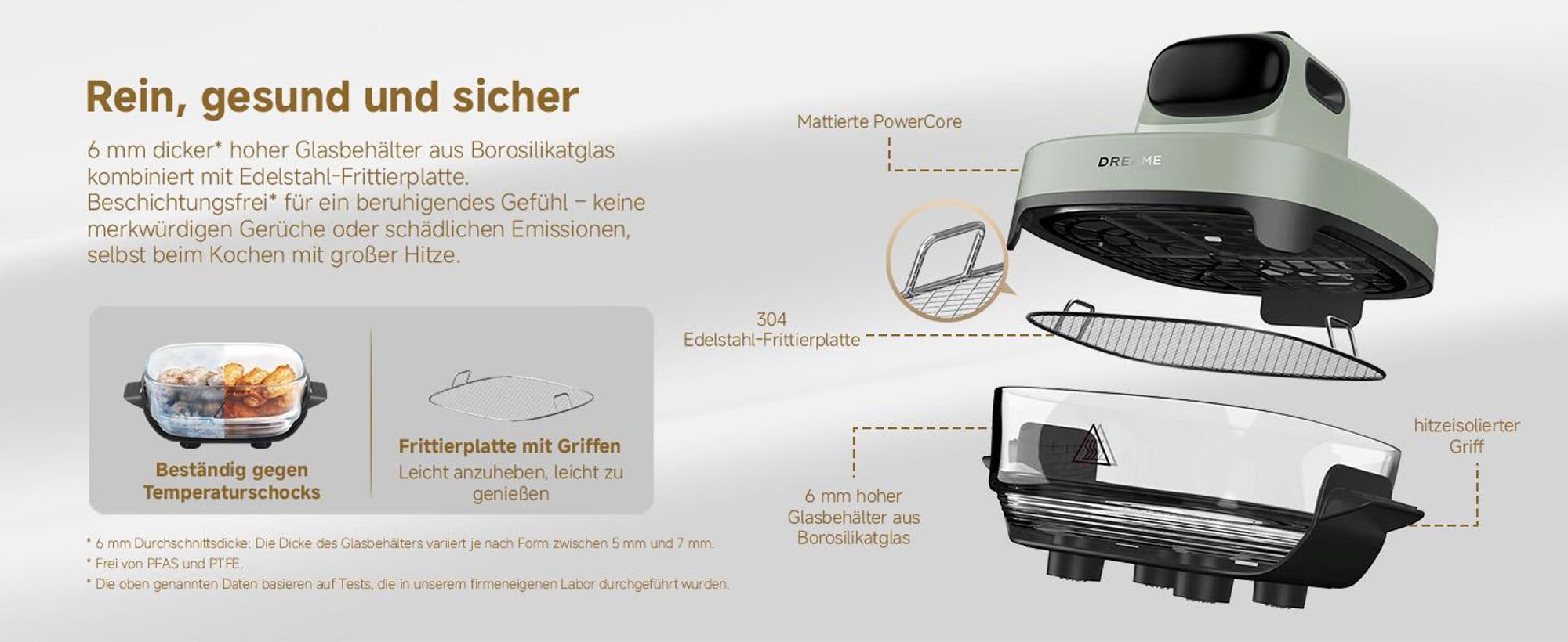 Dreame Tasti AirFryer 5-in-1 Heißluftfritteuse, 6mm starkes,tragbares Borosilikatglas,3D-Heißluftzirkulation,spülmaschinenfest,360° Sicht,2.5l ,Grün