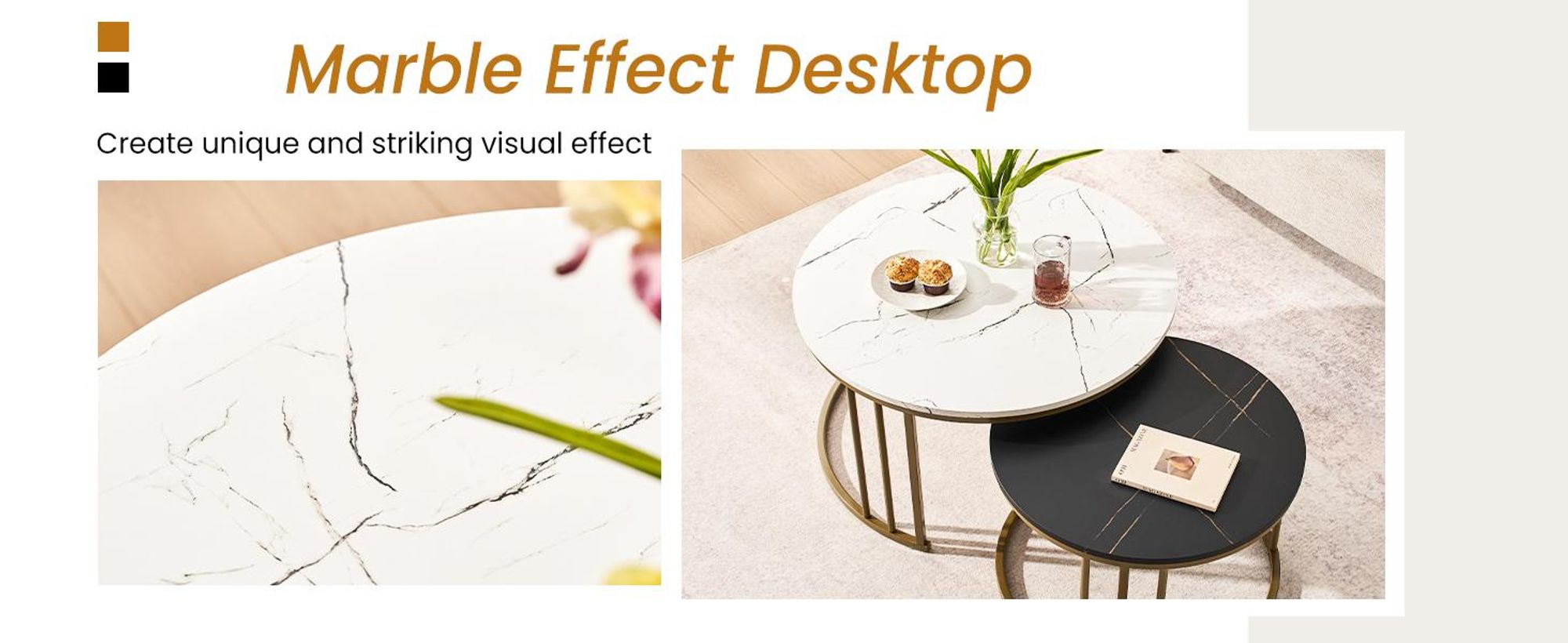 CLIPOP Couchtisch 2er Set Rund mit Marmoroptik, Metallgestell Gold Beistelltisch für Wohnzimmer Ø70+50cm, Weiß Schwarz