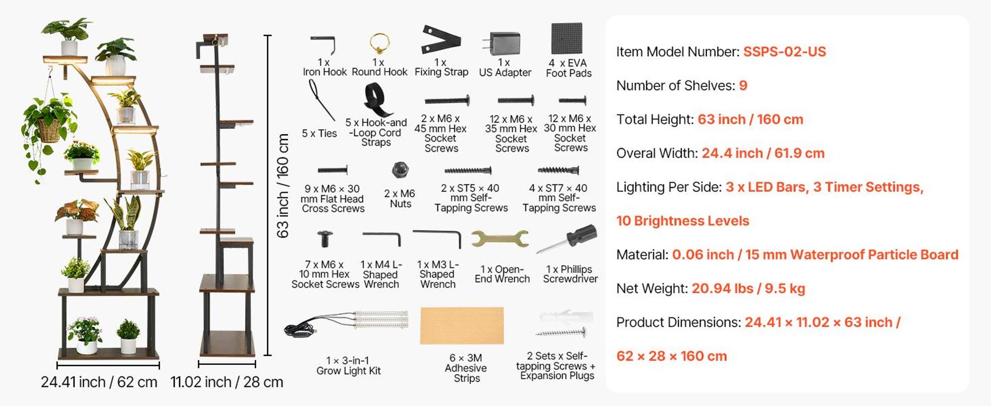 VEVOR Pflanzenständer für drinnen mit Pflanzenlichtern, 166,5 cm hoch, 7-stufiges beleuchtetes Pflanzenregal, 2er-Pack Metall-Eckpflanzenhalter, 3 Timer & 10 Helligkeitsstufen, halbmondförmiger Blumenständer für das Wohnzimmer, 62x28x160 cm