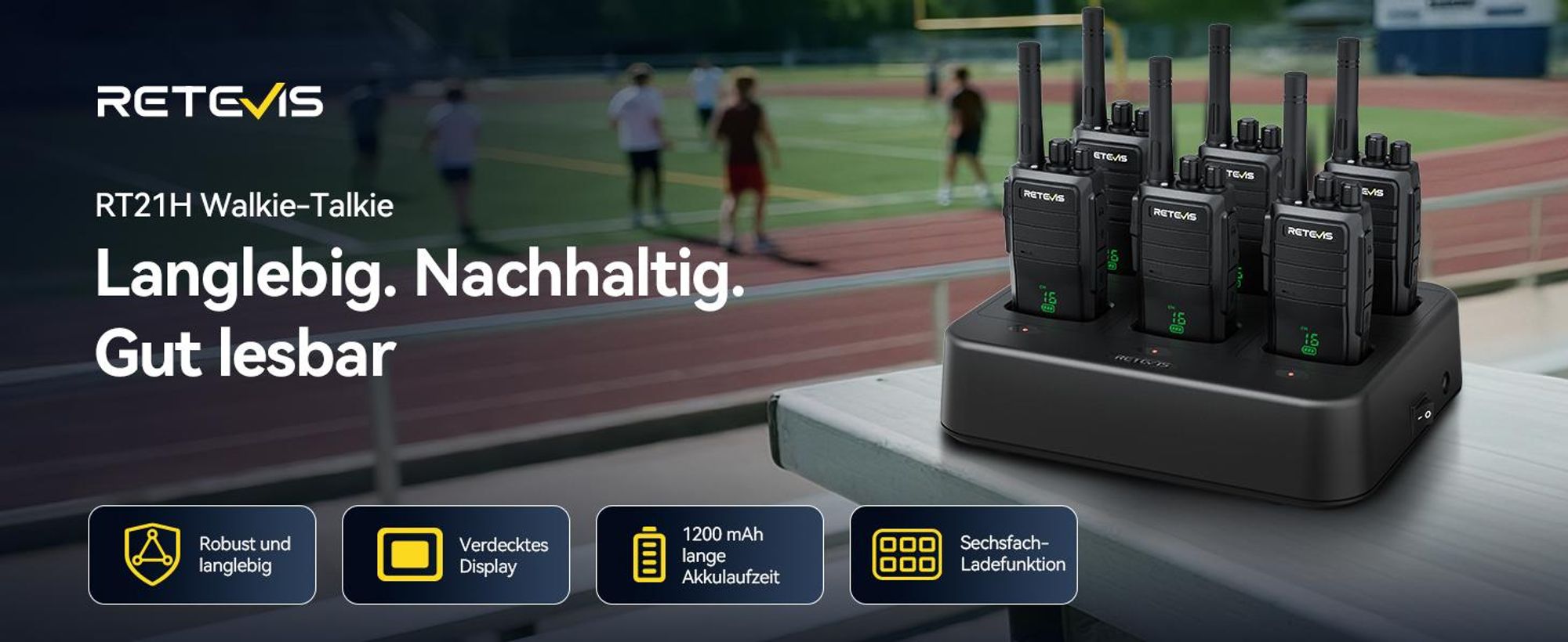 Retevis RT21H Walkie-Talkies, Verstecktes Display, Zweiwegfunk IP54, Stabil, Type-C, 6-Fach-Ladegerät, Aufladbar, für Schulen, Hotels, Lager