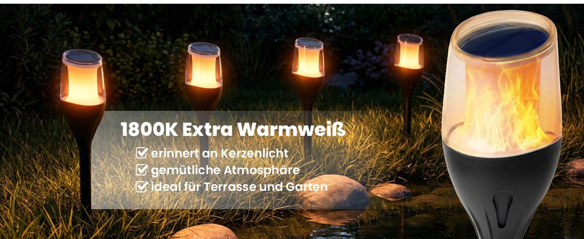 LUMILED Solar Gartenfackel Solarleuchte 64,5 cm mit Erdspieß LED Solarlampe flackernder Flamme IP65 Garten Solarleuchte Flammeneffekte Fackel Gartenlampe Flamme Solarlampe Flammenlicht 1 Stück