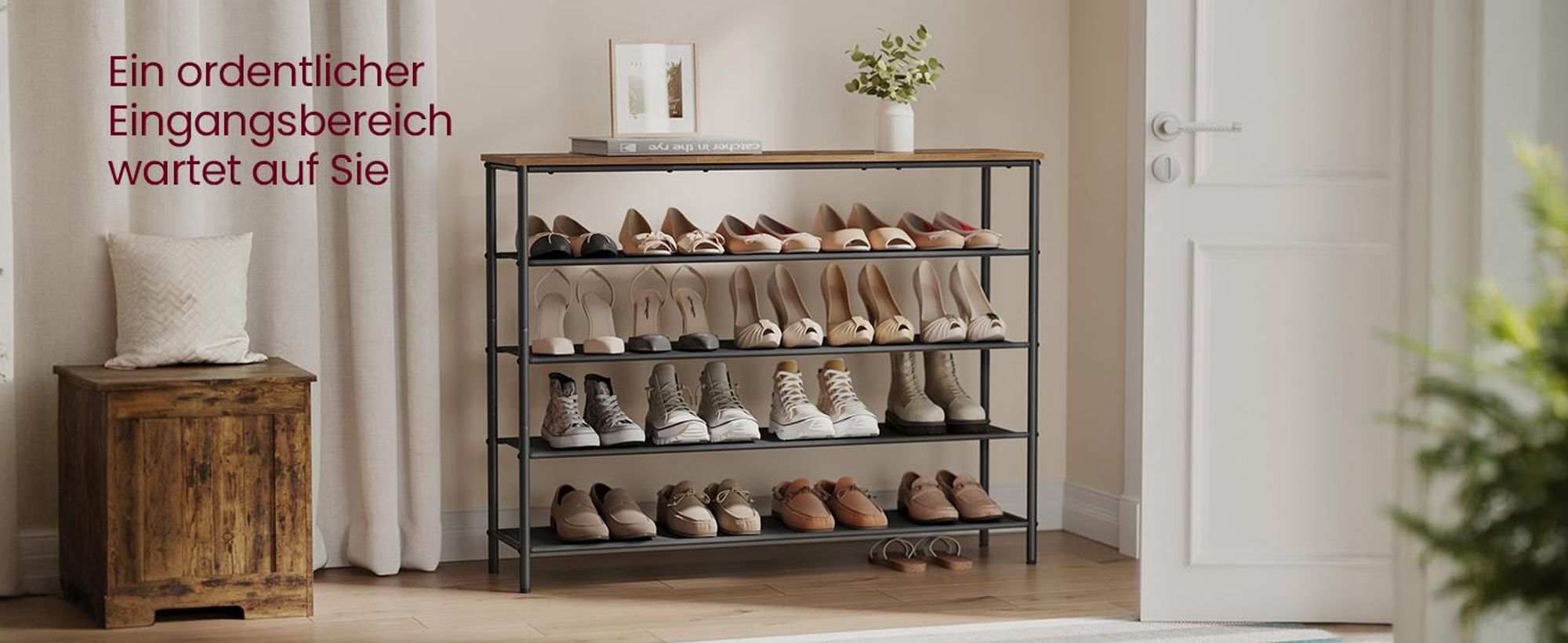 VASAGLE Schuhregal mit 5 Ebenen große Oberfläche für Taschen Schuhablage vintage