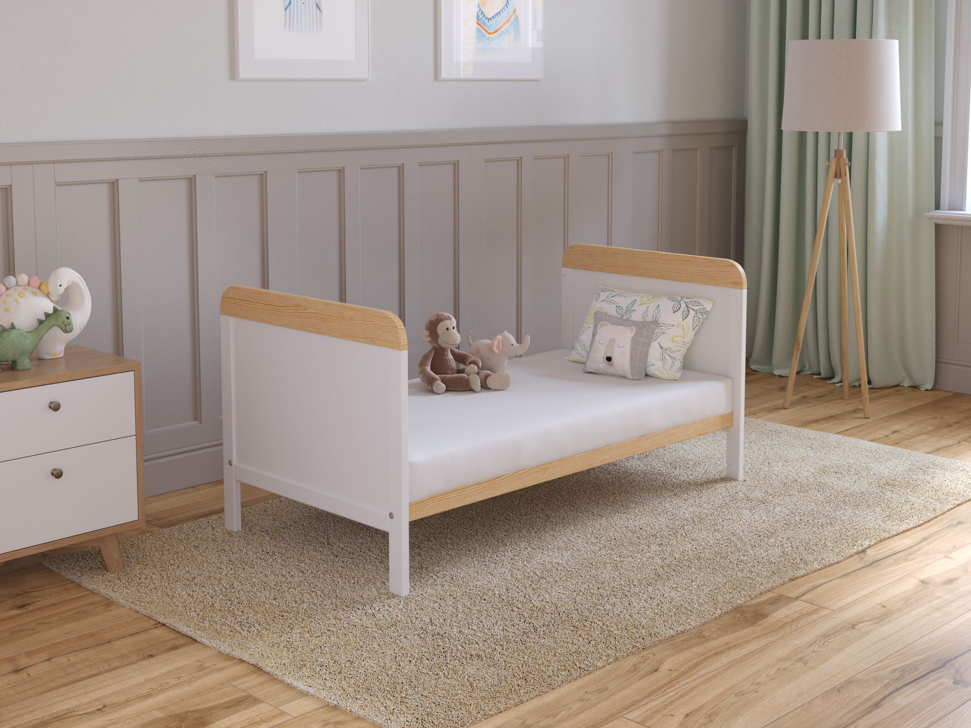 Babybett Beistellbett 120x60 cm mit Matratze,Gitterbett Komplett Set,Umwandelbar in Juniorbett Weiß-Kiefer
