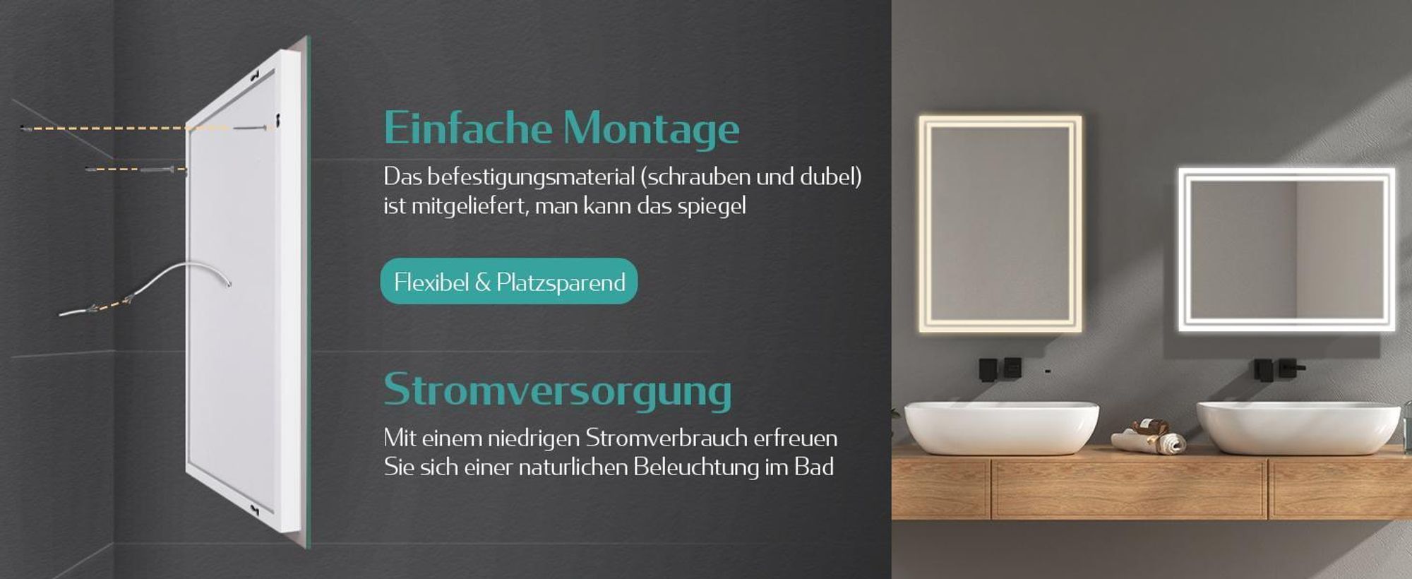 EMKE LED Badspiegel mit Beleuchtung 120X60 cm Antibeschlag, Wandspiegel Badezimmerspiegel mit mechanischem Schalter, 3000K/6500K Lichtfarben, IP44