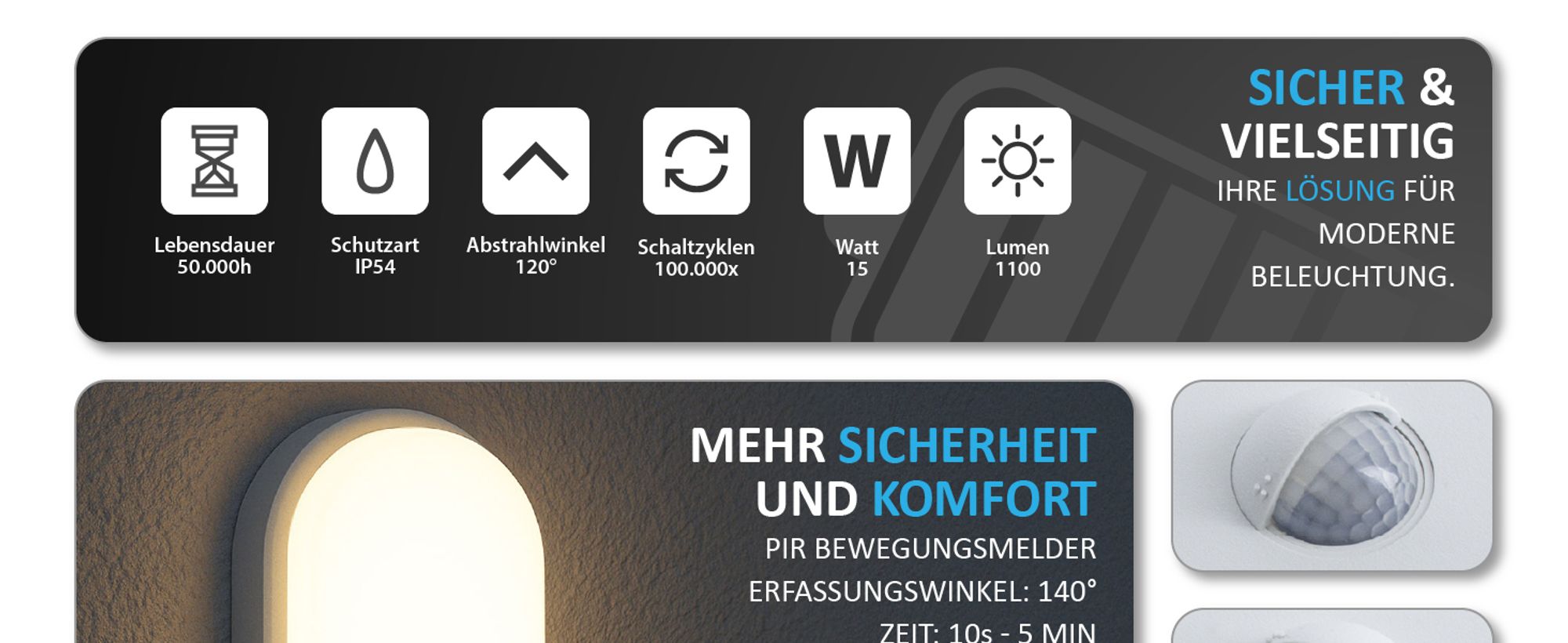 LED Aussenleuchten Bewegungsmelder Wand-leuchte Wandlampe Flurleuchte Fluter 15W schwarz modern IP54 BEAM
