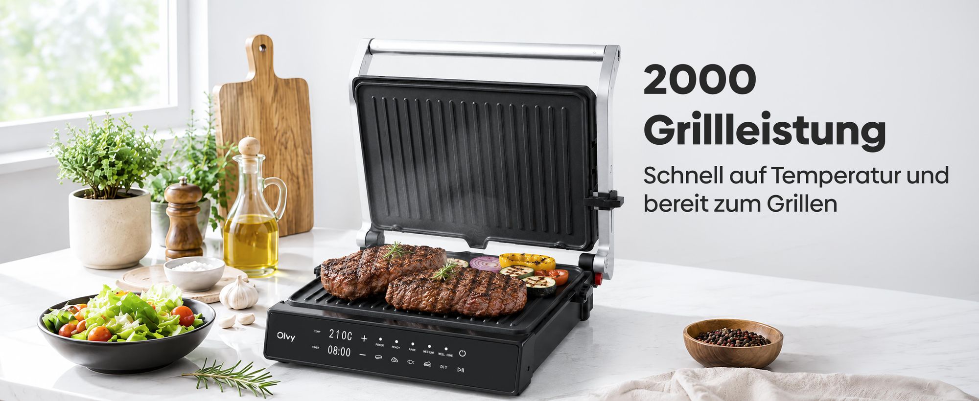 Olvy Kontaktgrill, 2000W, Elektrogrill Sandwichmaker, 5 Programme, Paninimaker, Grilltoaster indoor Grill, PFAS-freie Platten, Tisch Grill