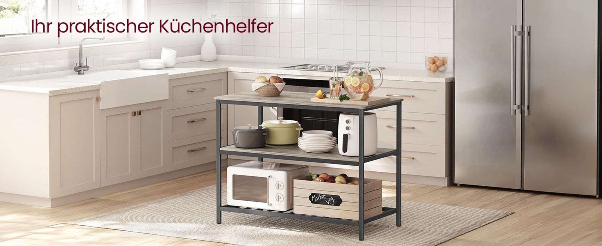VASAGLE Küchenregal,120 x 60 x 90 cm, Kücheninsel, vintagebraun-schwarz
