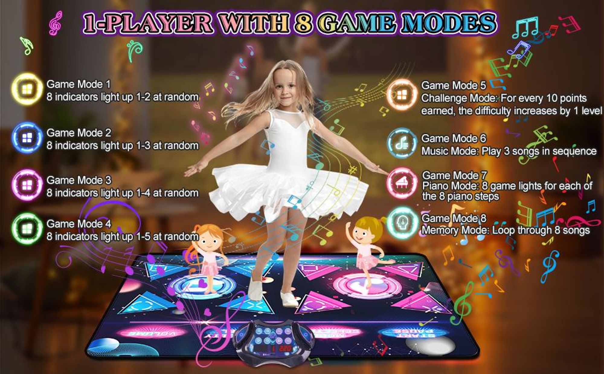 Tanzmatte, Musikmatte, Doppelt Musikalische, 8-Tasten-Rhythmus-Step-Spielmatte, 2 Wettbewerbsfähigen Modi,12 Spielen, elektronisches Tanzpad mit LED