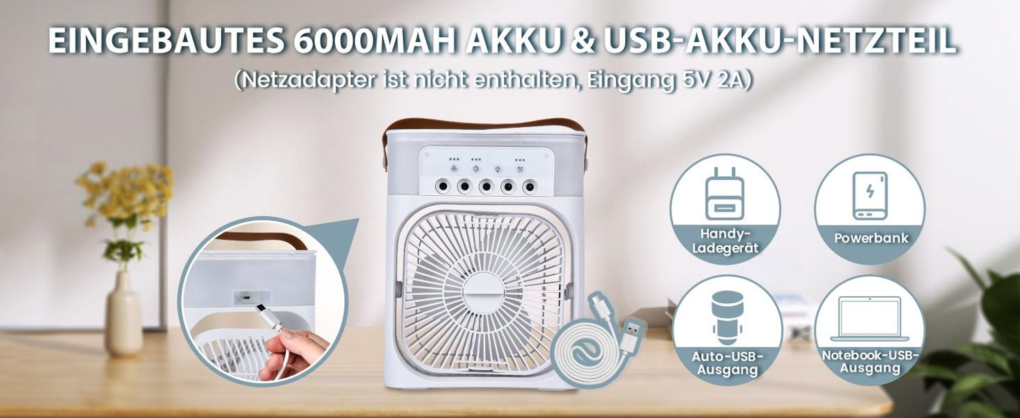 Standventilatoren, Luftkühler mit Wasserkühlung, Ventilator, mit 600 ml Wassertank, 3 Geschwindigkeiten, 7 Farben Nachtlicht, mit Wassernebel Spray