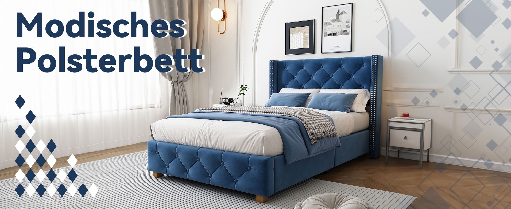 okwish Polsterbett Einzelbett 90×200cm mit Lattenrost und Kopfteil, Knopfpolsterung, Nietenpolsterung, Samt, Blau,Ohne Matratze