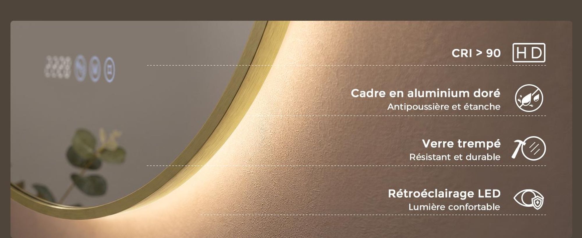 S'AFIELINA Miroir Salle de Bain LED Rond 70 cm avec Éclairage, cadre doré, 3 températures de couleur, variateur, antibuée, horloge & température