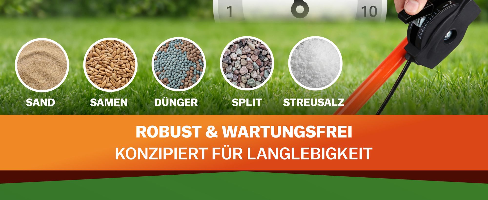 Streuwagen 25 Liter für Dünger, Saatgut und Streusalz mit gleichmäßigem Streuen und Rotationstechnik