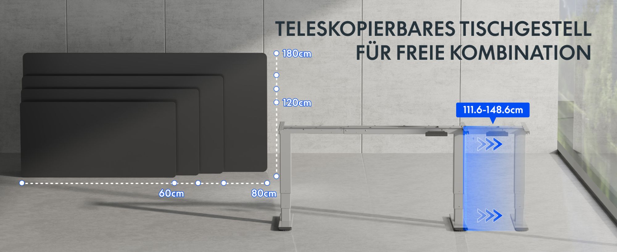 FLEXISPOT EC5-Lite Elektrisch Höhenverstellbares Tischgestell, Doppelmotor, 3-stufige Beine, 100kg Tragkraft, 4 Speicherplätze, Kollisionsschutz, Grau