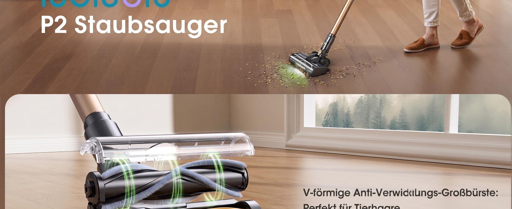 Lubluelu Akku-Staubsauger 75000 Pa, Anti-Haar-Verwicklungsbürste, Grüne Beleuchtung, Freistehend, Für Tierhaare, Teppiche & Hartböden,P2