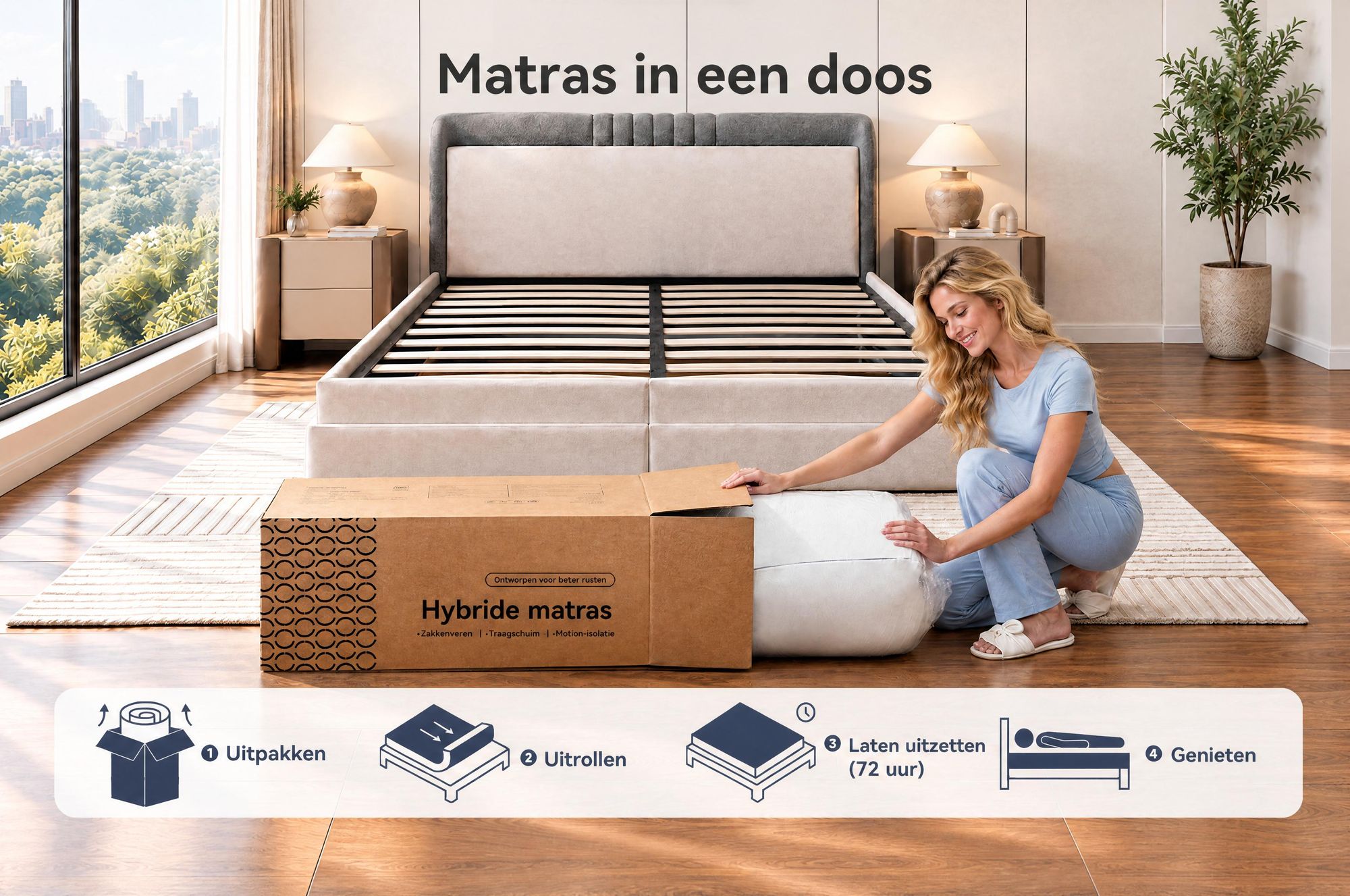 Matras 180x200 cm, 22 cm dik, met geïntegreerde toplaag. 7-zone pocketveringmatras, hardheid H3/H4