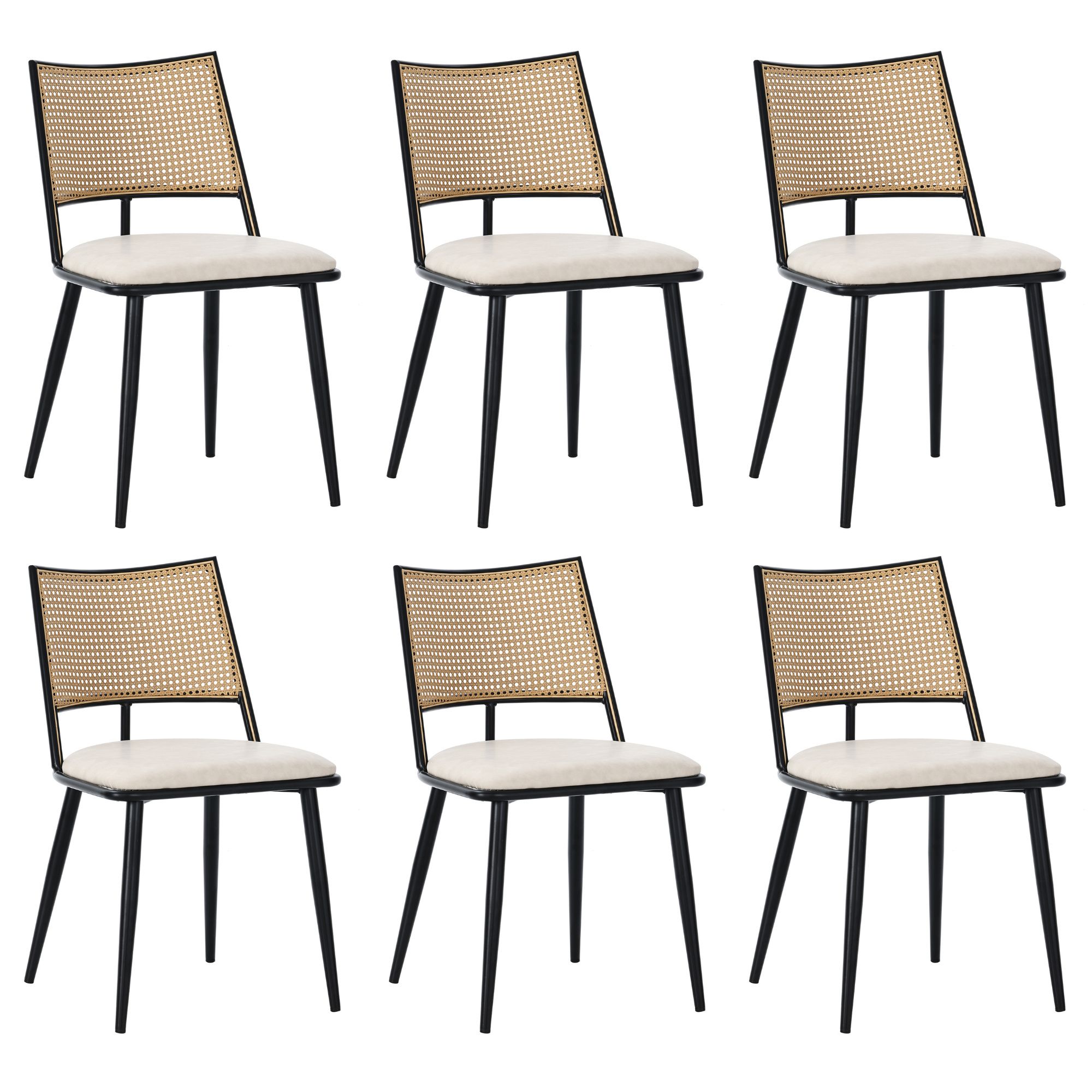 Flieks Rattan Esszimmerstühle 6er Set, Esstischstühle Küchenstühle mit Metallbeinen, Gartenstuhl Freizeitstuhl Wohnzimmerstuhl, PU, Schwarz