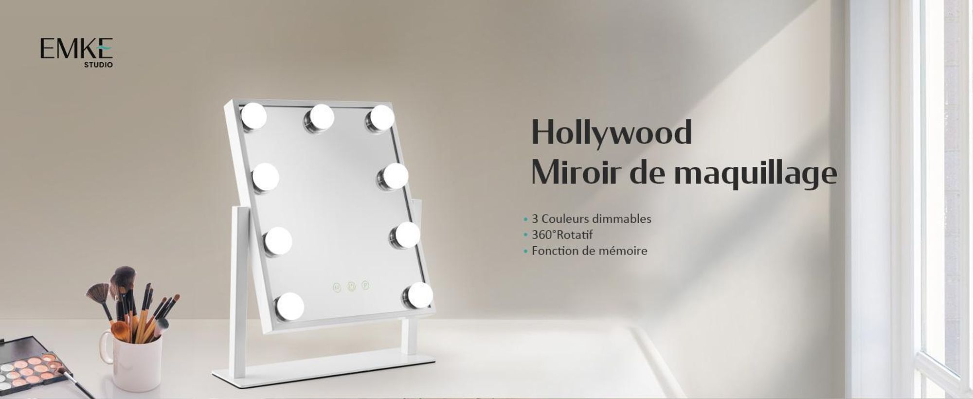Miroir cosmétique EMKE avec éclairage LED 47,5 x 36,5 cm Miroir de maquillage grossissement 7x 3 couleurs de lumière Intensité réglable Rotation à 360°, blanc