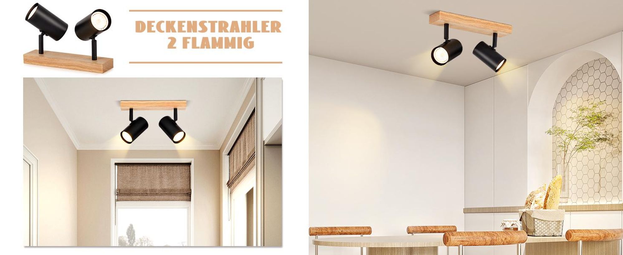 ZMH Deckenleuchte Schwarz Deckenstrahler 2 Flammig Holz Deckenlampe GU10 Deckenspots Schwenkbar 350° Spotslight für Wohnzimmer Schlafzimmer Küchen Korridor Esszimmer