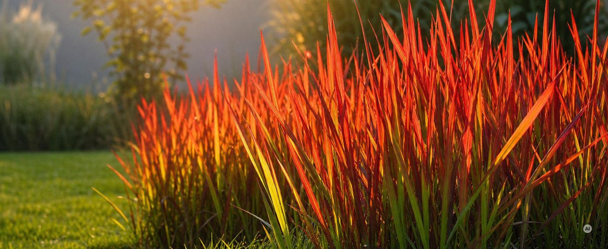 Gegenlicht zur goldenen Stunde: rote Blutgras-Halme gluehen wie Flammen