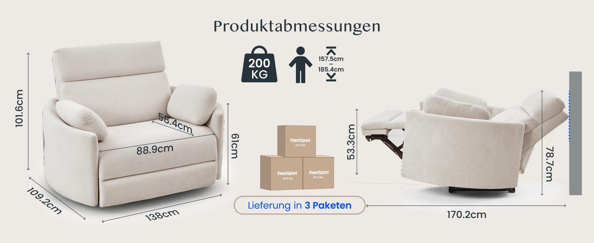 FLEXISPOT Mochi Pro Zero-Wall XXL Elektrischer Relaxsessel, 1,5-Sitzer mit 138 cm Sitzbreite, Fernsehsessel für Große&Schwere, Klemmschutz&USB-C,Beige