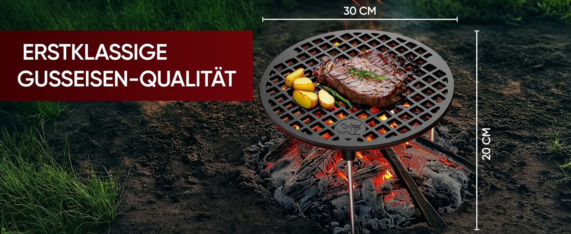 Gusskönig Gusseisen Grillrost mit Beinen Ø30 cm - Grillrost Kohle - Grillrost Dreibein Gusseisen Dutch Oven Untersetzer - Feuerrost Grill Zubehör