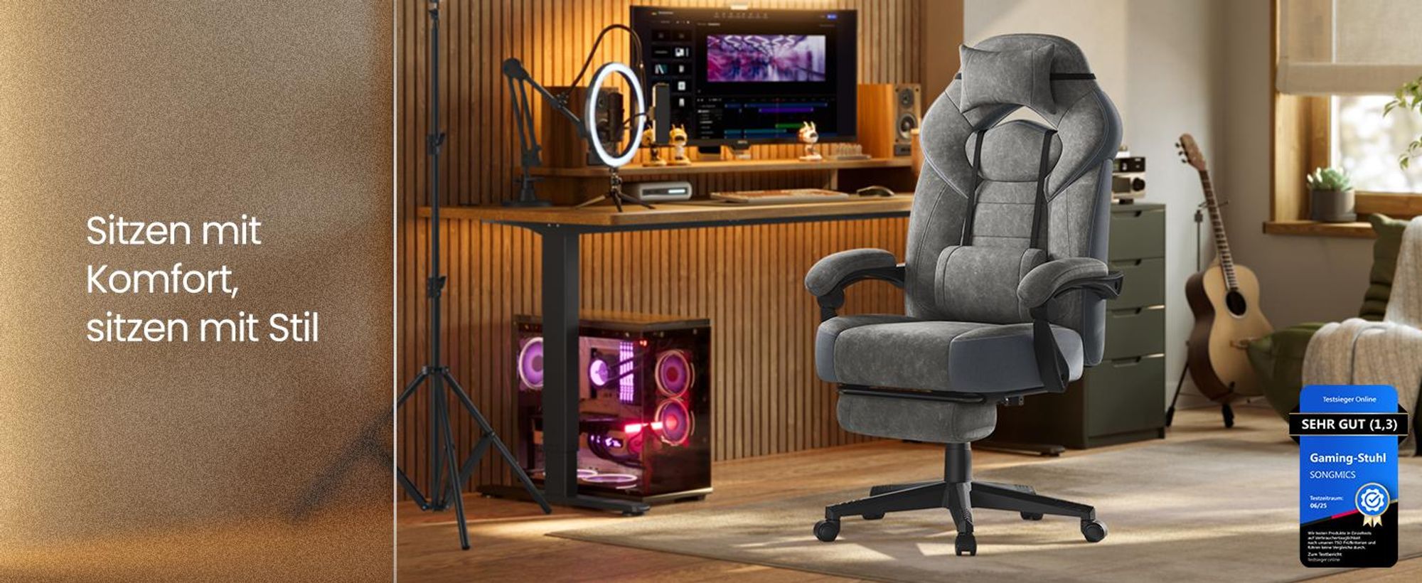 Ergonomischer Gamer-Sessel, Gaming-Stuhl, Bürostuhl, mit Teleskop-Fußstütze, verstellbare Kopfstütze, Lendenwirbelstütze