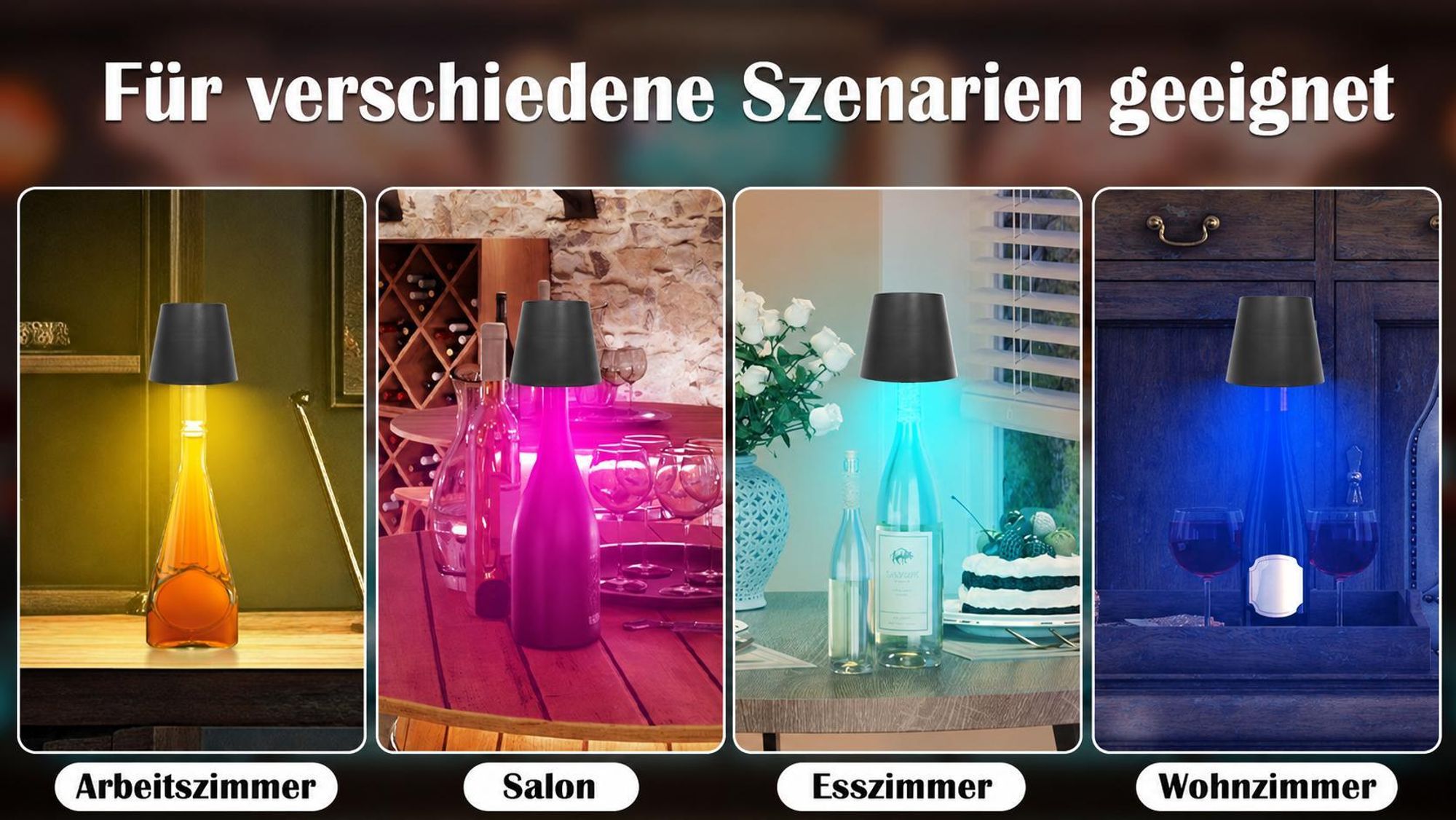 Tragbare kabellose Weinflaschenlampe, RGB-Modus einstellbar, LED-Schreibtischlampe, kabellose dimmbare LED-Tischleuchte, USB wiederaufladbar, schwarz