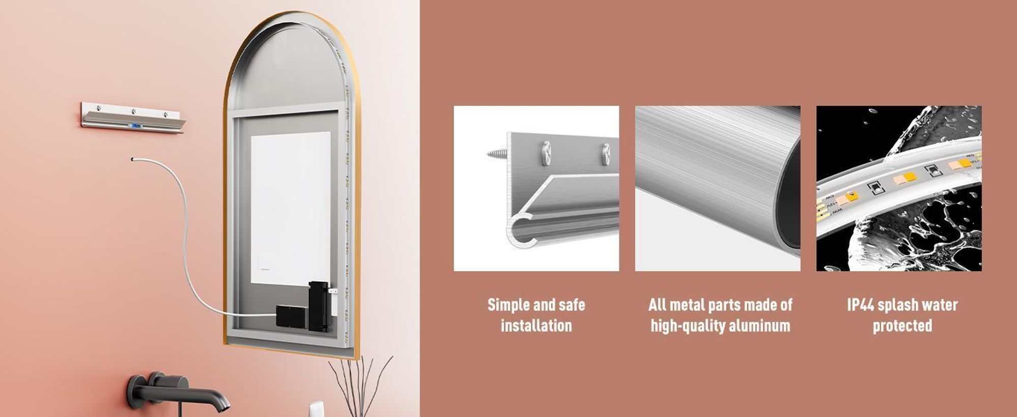 HOKO Miroir de salle de bain anti-buée LED Miroir arqué design 60x100 cm avec cadre métallique, montage HAUT+QUI. Arch miroir de salle de bain+interrupteur tactile+blanc chaud-blanc froid