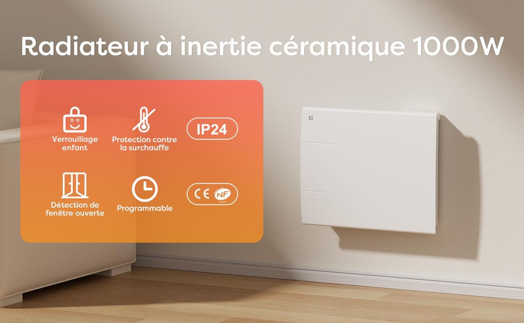 CIARRA Radiateur Électrique Fixé Inertie Sèche Céramique 1000W, pour Salle de Bain ou Chambre 10-15㎡ CBHT10E