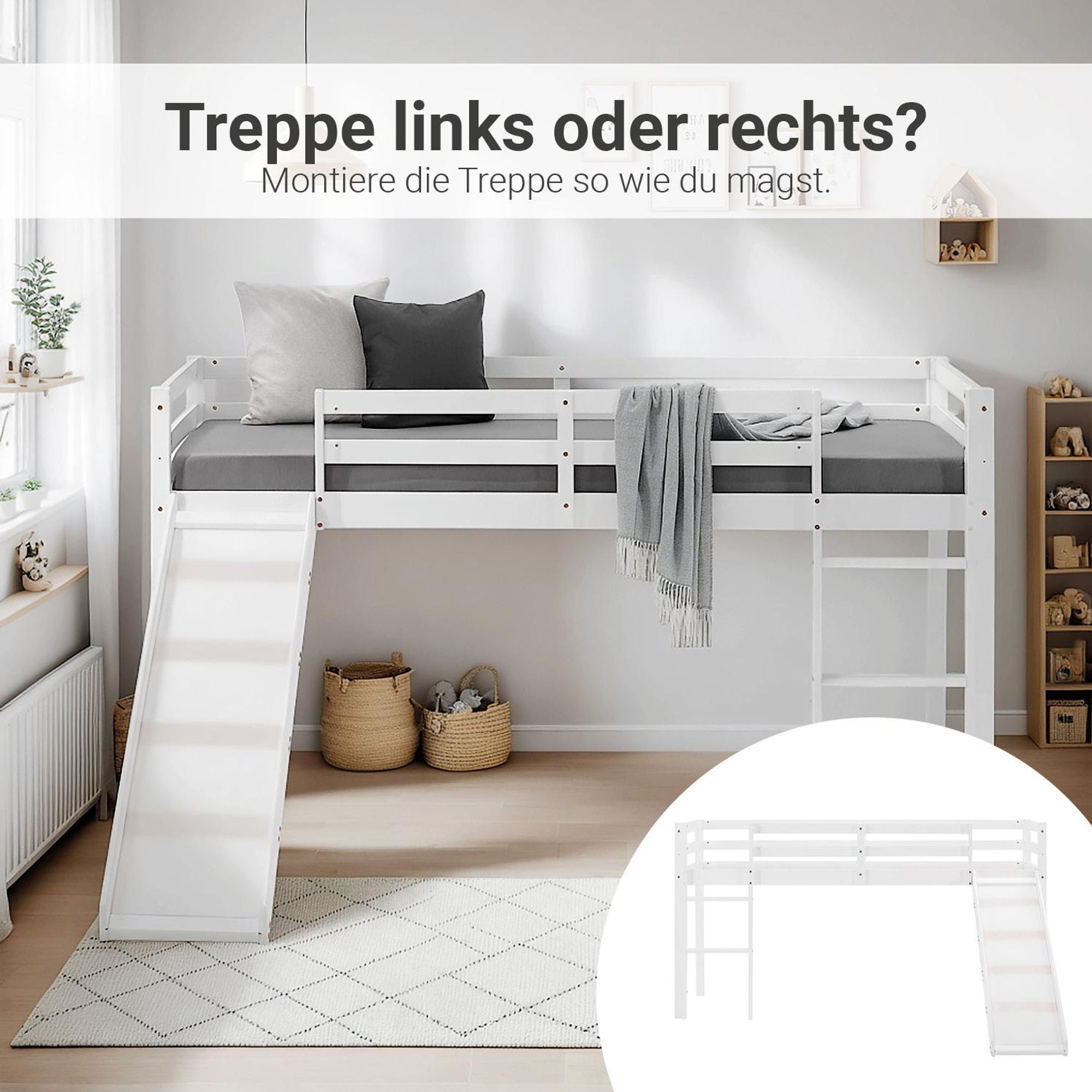 Die Leiter vom Bett lässt sich flexibel link oder rechts montieren.