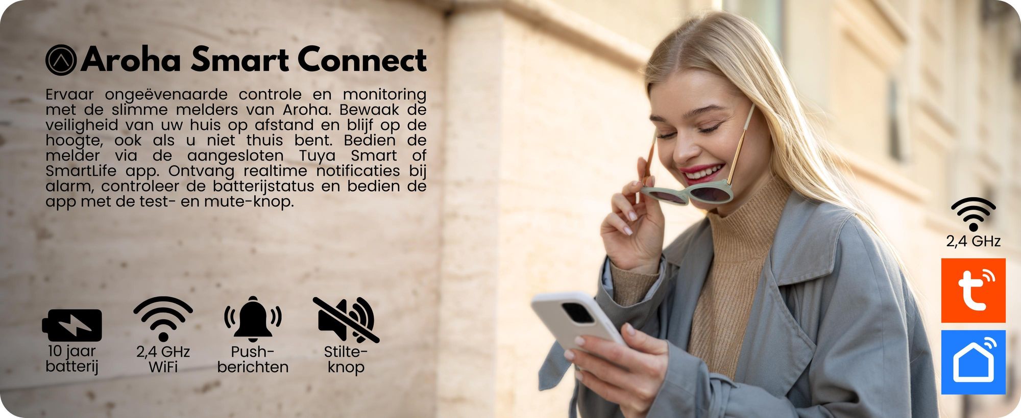Aroha Smart Connect koolmonoxidmelder met Wi-Fi - 10 jaar batterijduur - Slimme CO-melder met Tuya & Smartlife app, geschikt voor campers - 1 set