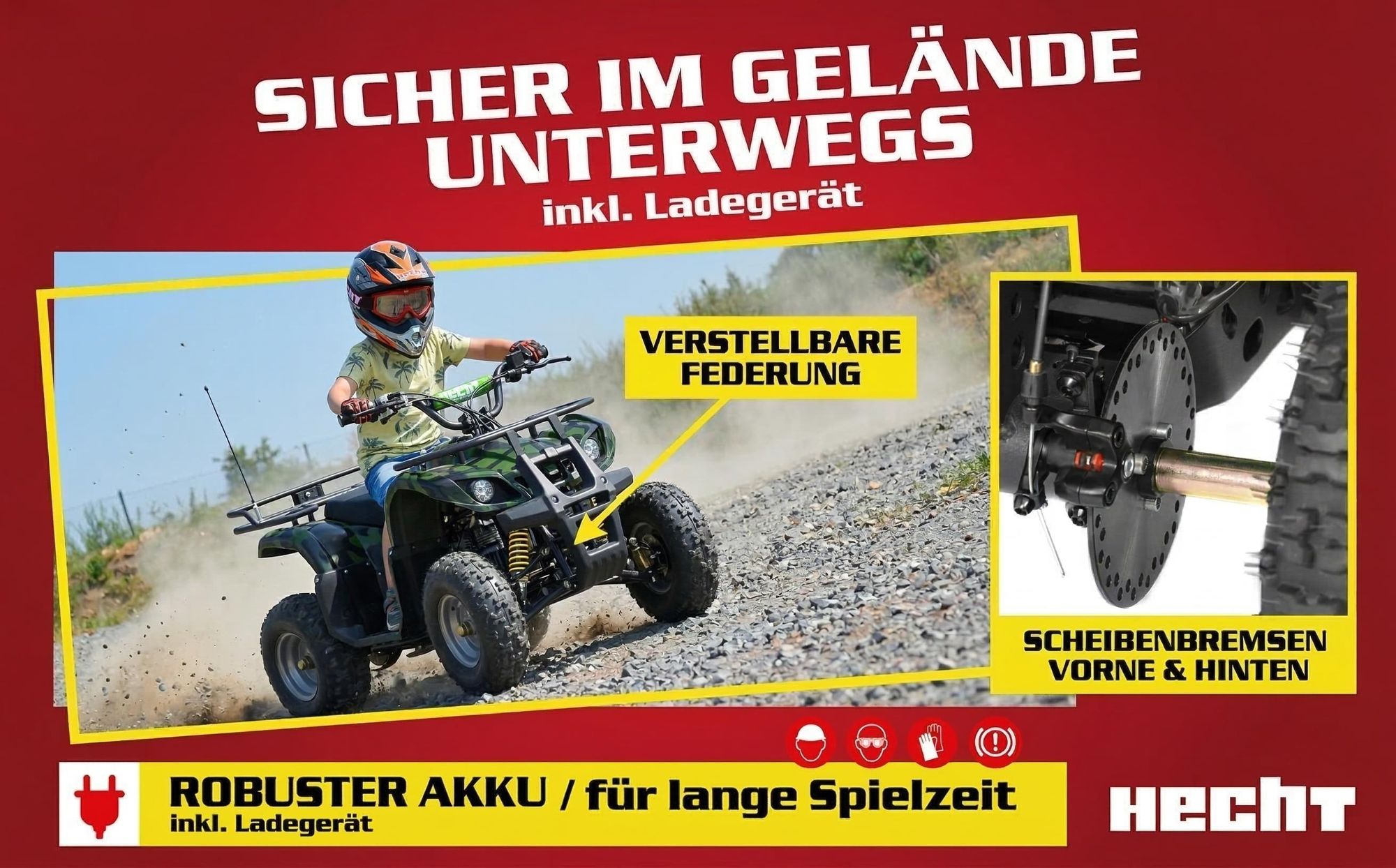 HECHT 56100 Kinder Elektro Quad bis 25km/h 1000W bis 65kg Tragkraft 36V 12Ah Akku 8-15h Ladezeit