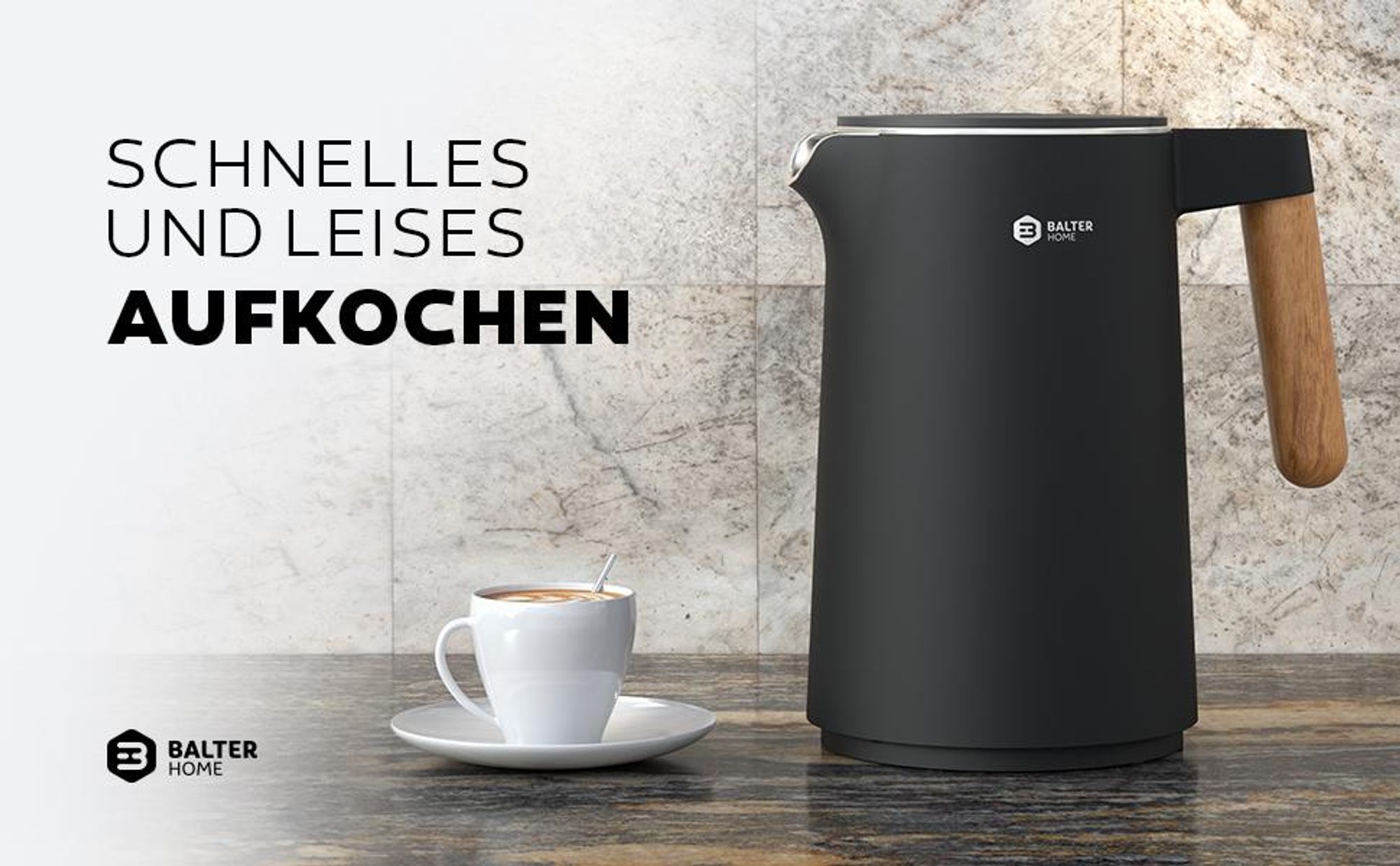 BALTER Edelstahl Wasserkocher mit Temperatureinstellung, 45°C-100°C, Doppelwand, BPA frei, Warmhaltefunktion, 1.5L, 2200W, Schwarz