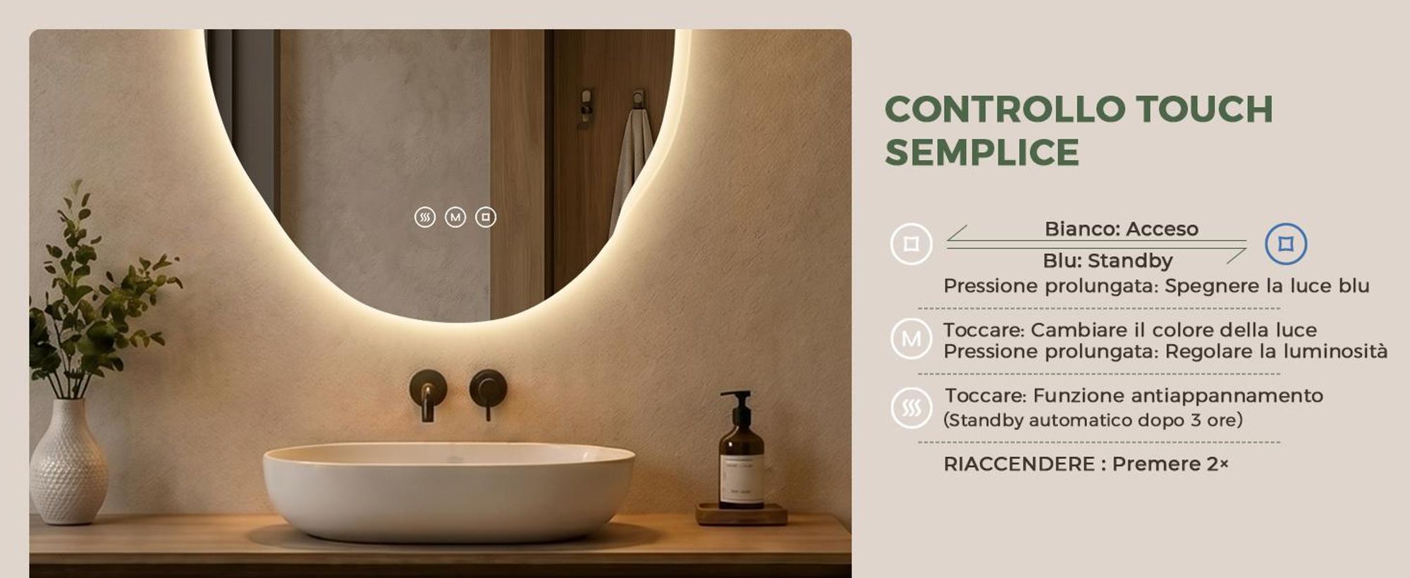 S'AFIELINA Specchio Bagno LED 48 × 72 cm, Asimmetrico, Touch, Senza Cornice,3 colori di luce, dimmerabile, antiappannamento e memoria