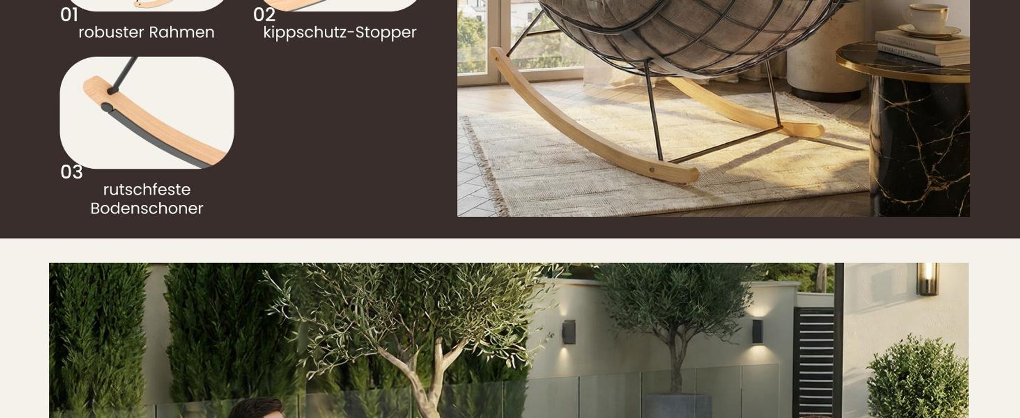 FLEXISPOT Schaukelsessel Outdoor, Gartenliege & Loungesessel mit Kissen, stabilem Metallrahmen, ideal für Balkon, Terrasse, Garten & Wohnzimmer, Braun