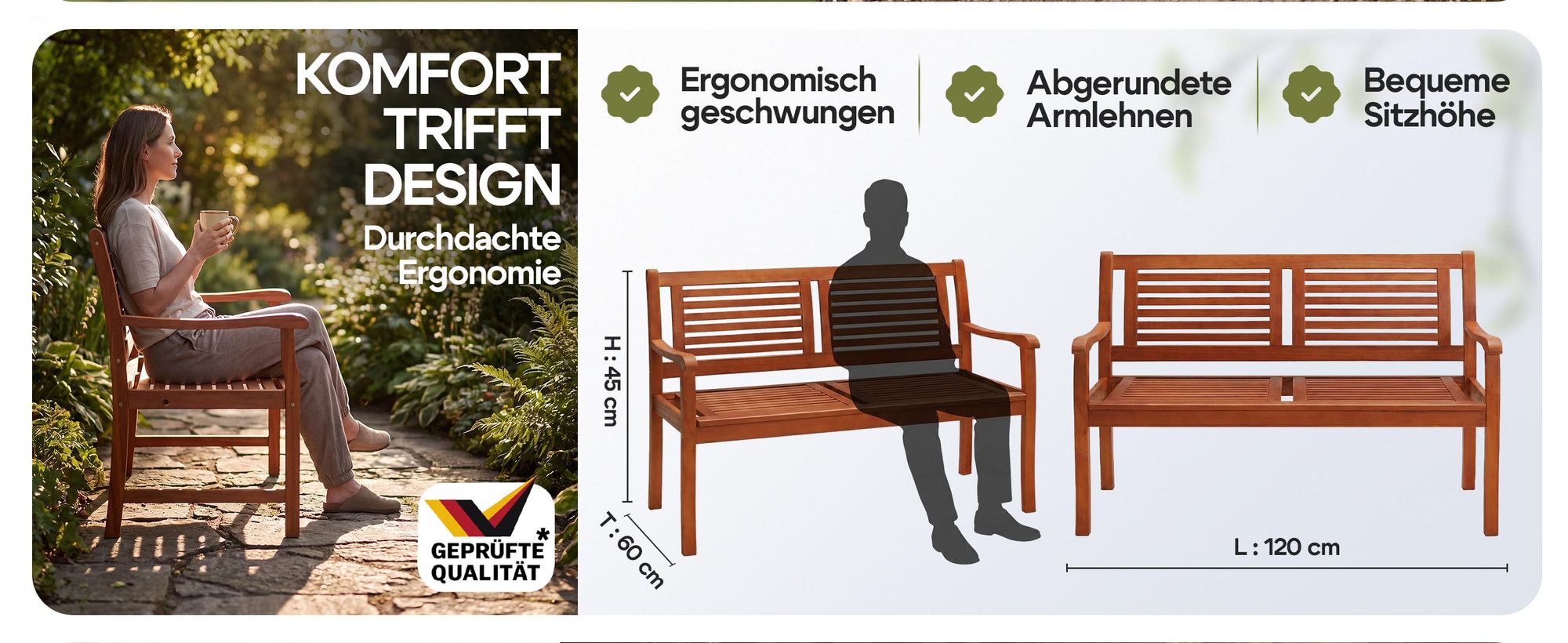 Casaria Gartenbank Holz 2-Sitzer Eukalyptus, FSC®-zertifiziert, wetterfest