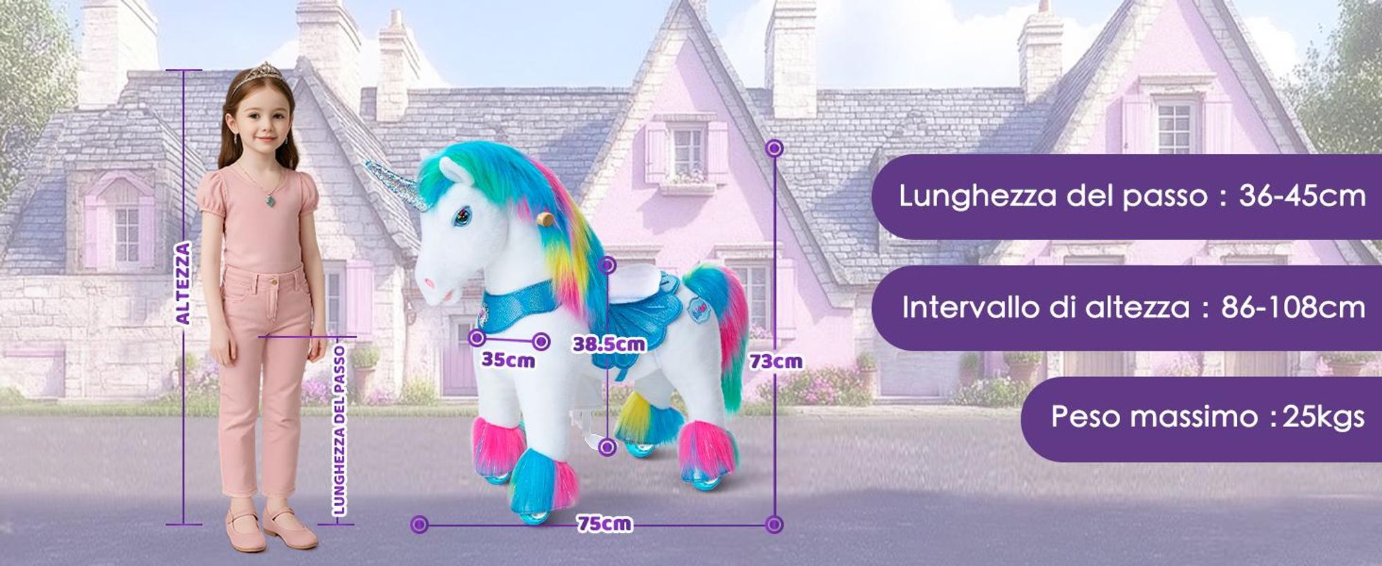 PonyCycle Modello Y Peluche Unicorno Giocattolo da Cavalcare per Bambini 3-4, Unicorno Arcobaleno su Ruote con Suoni e Freno – Y354