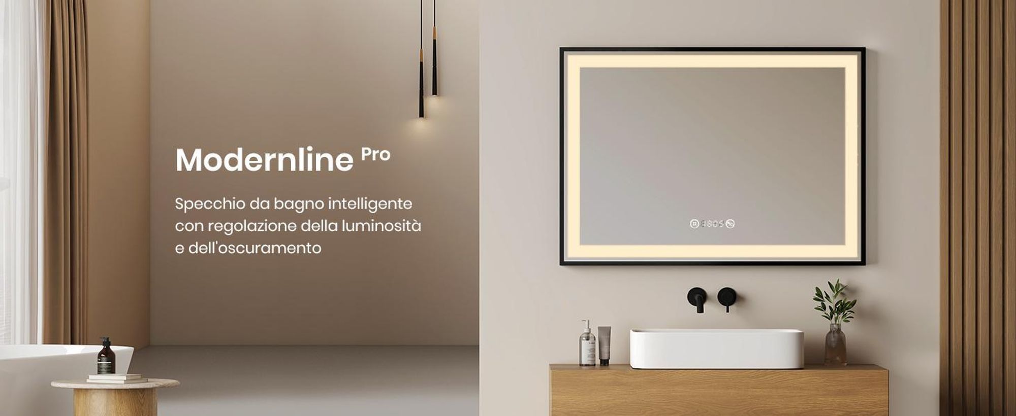 EMKE specchio da bagno Specchio LED 80x60cm specchio da bagno illuminato con cornice nera interruttore a sfioramento, antiappannamento e funzione orologio