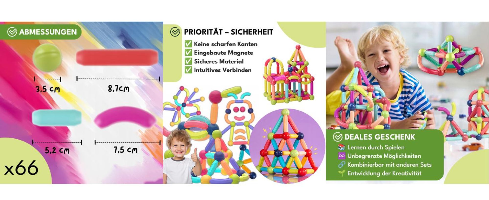 KRUMAD Magnetische Bauklötze 66 Teile - Kreatives Lernspielzeug für Kinder, große Bausteine
