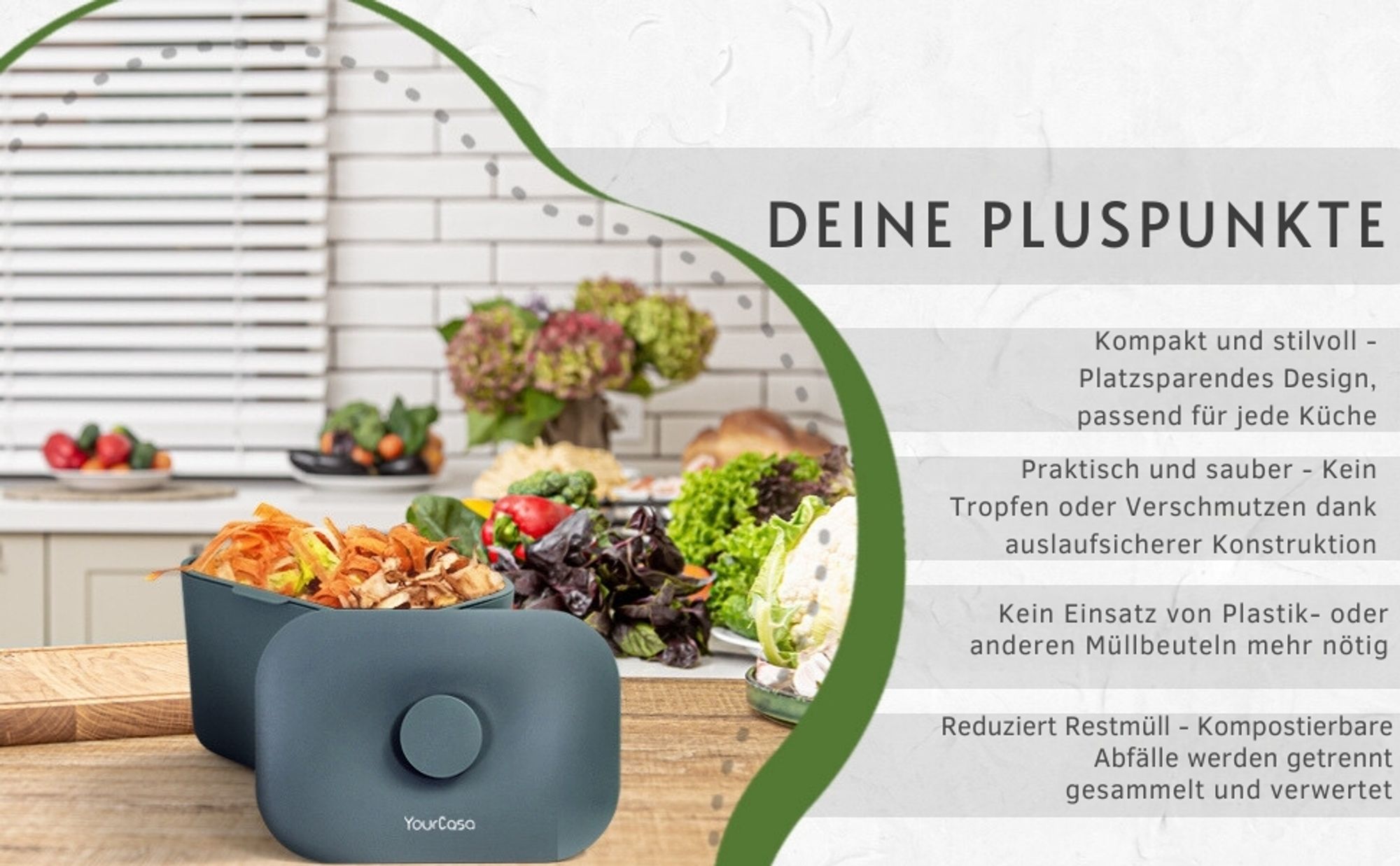 YourCasa Biomülleimer Küche 5L - Komposteimer für alltäglichen Biomüll Spülmaschinenfest mit Sieb & ergonomischen Griff Mint