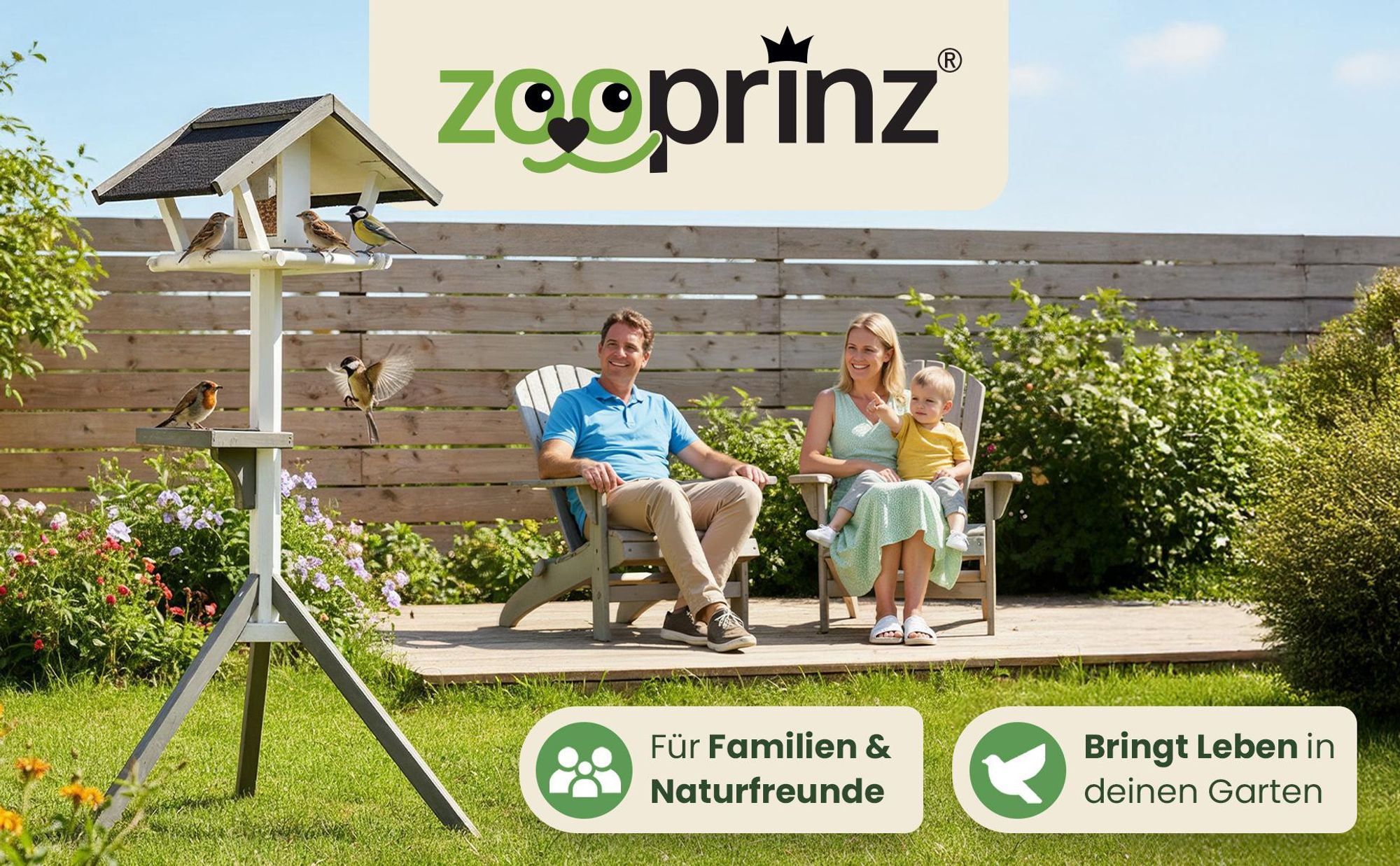 Vogelhaus mit Ständer zooprinz Bird Tower | Massivholz Kiefer | 120 cm Höhe | Futtersilo & Bitumendach | Wetterfest Weiß-Grau