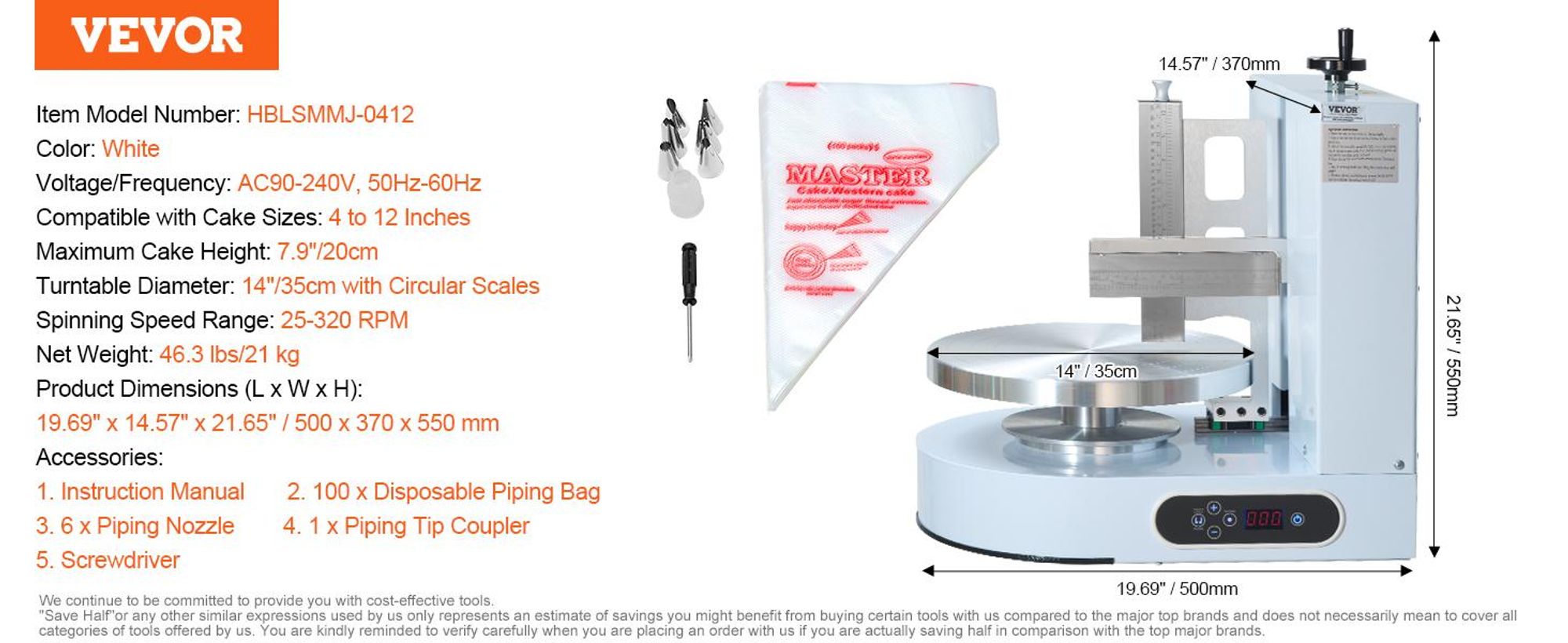 VEVOR Kuchen-Dekorationsmaschine, Kuchencreme-Verteilmaschine, leise Kuchen-Glasurmaschine, Drehteller mit verstellbarem Schaber, für 4" bis 12" Kuchen, 25-320RPM Drehgeschwindigkeit, Weiß, 4-12 in, Weiß