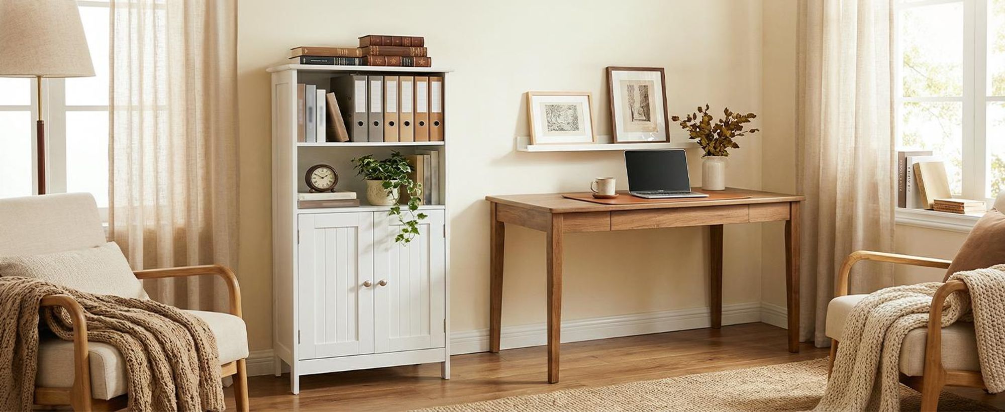 HOKEEPER Badezimmerschrank, Badschrank, Küchenschrank mit Doppeltür & Einstellbarem Regal,Badkommode Sideboard, Badezimmer/Wohnzimmer/Flur Weiß