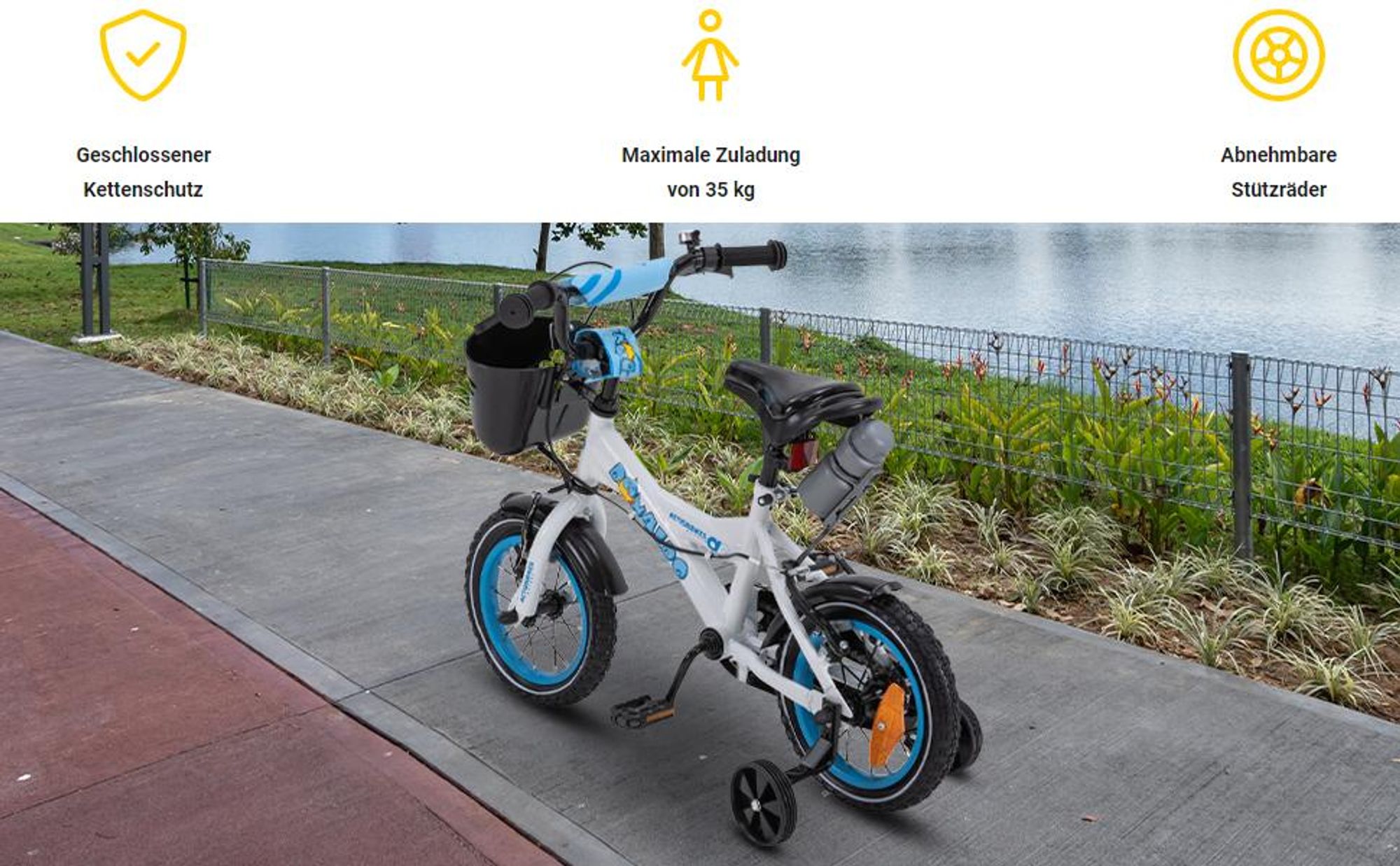 Actionbikes Kinderfahrrad Donaldo 12 Zoll | Kinder Fahrrad - V-Brake Bremsen - Kettenschutz - Fahrradständer - Fahrradkorb - 2-5 Jahre (Blau/Weiß)
