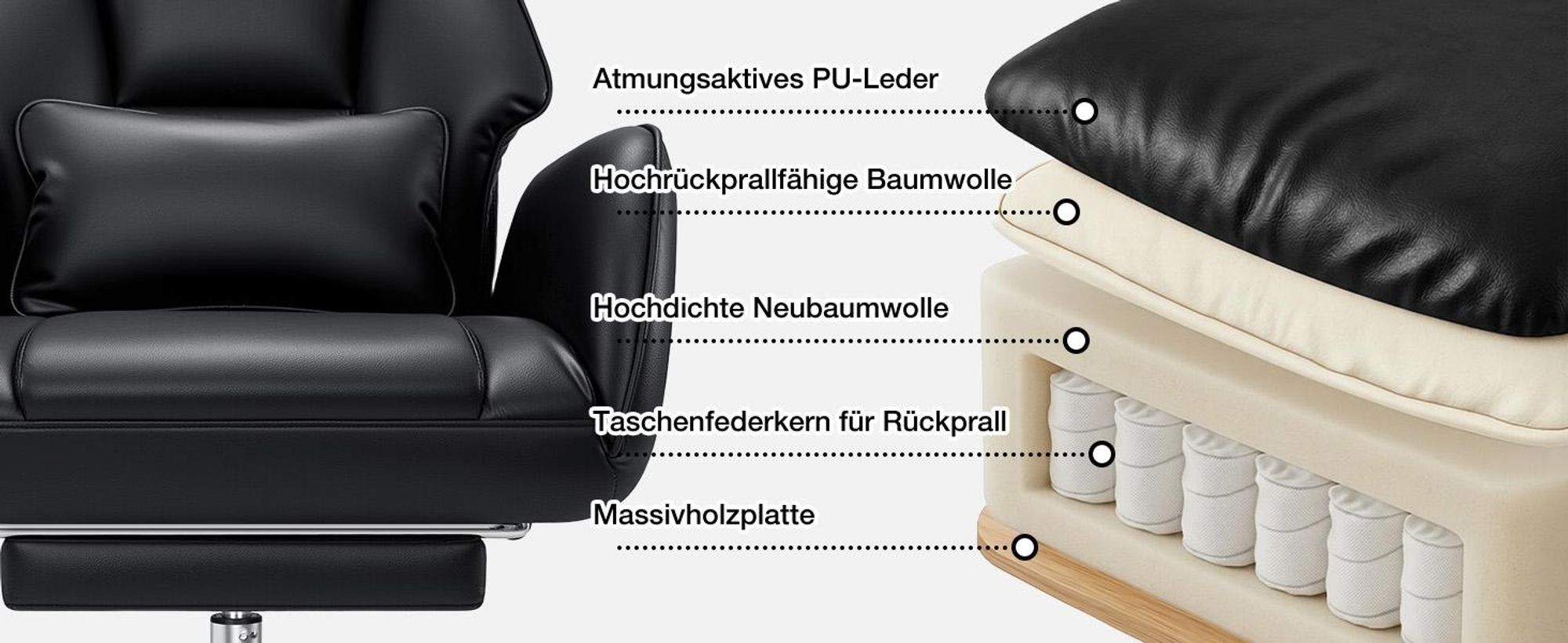 HOFFREE Ergonomischer Bürostuhl mit Rollen, Breiter Sitz, Umklappbare Armlehnen, Fußstütze, Schreibtischstuhl bis 200 kg belastbar, Schwarz