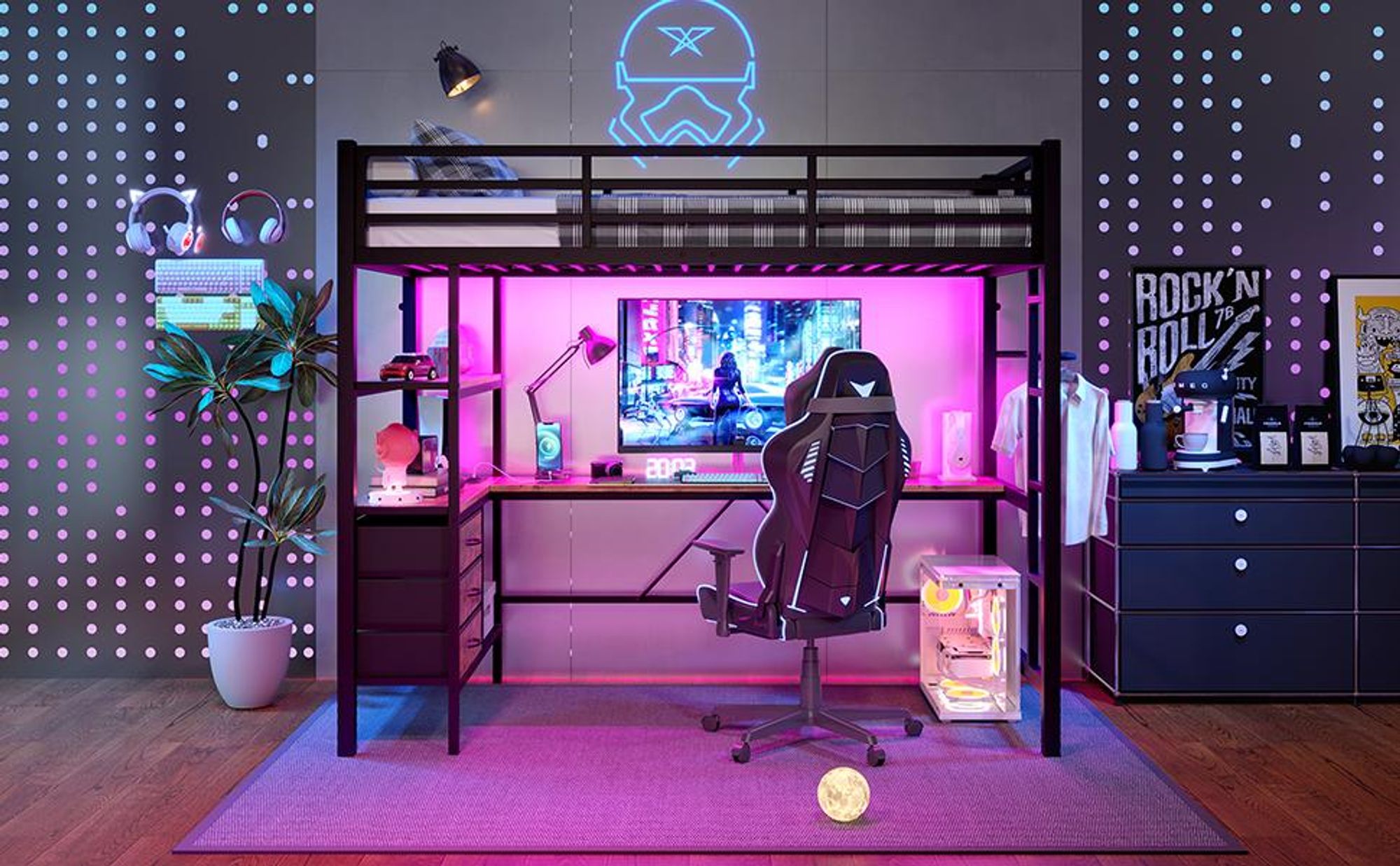 Merax Etagenbett Hochbett 90x200 cm mit LED, Schreibtisch, Steckdose, USB, 3 Schubladen, Regale, Stockbett, Kinderbett Eisenbett, Schwarz