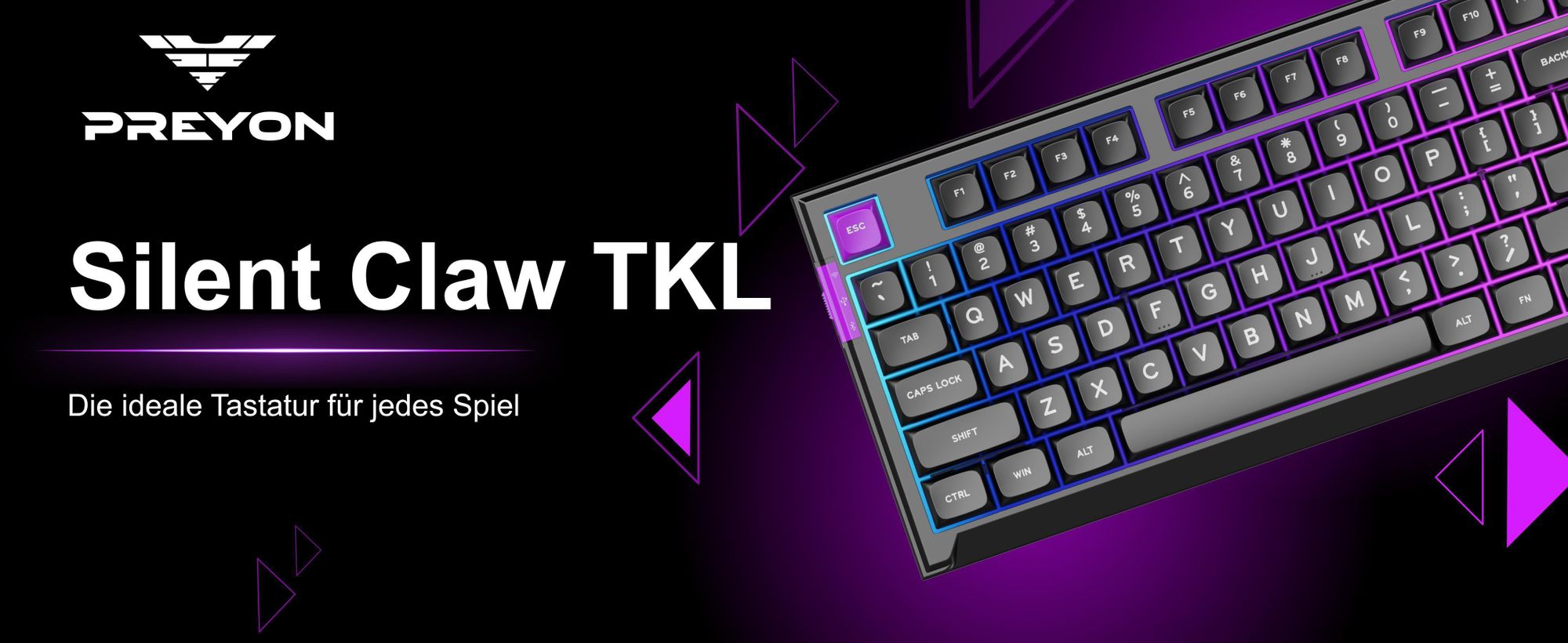PREYON SILENT CLAW Tastatur Gaming-Tastatur - Gateron Yellow Pro 3.0 Gasket Mount - LCD Anzeige - ohne Zifferntastatur - RGB-Beleuchtung