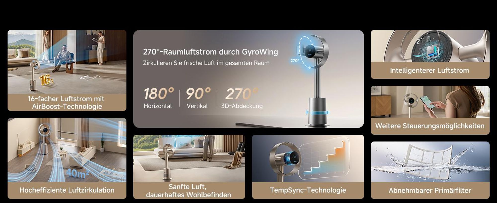 Dreame MF10 The Bladeless Fan,Standventilator,270° Room Air Flow Circulation,Temperature-Adaptive Airflow,Intelligent Wind Stream,Washable Filte,Gold