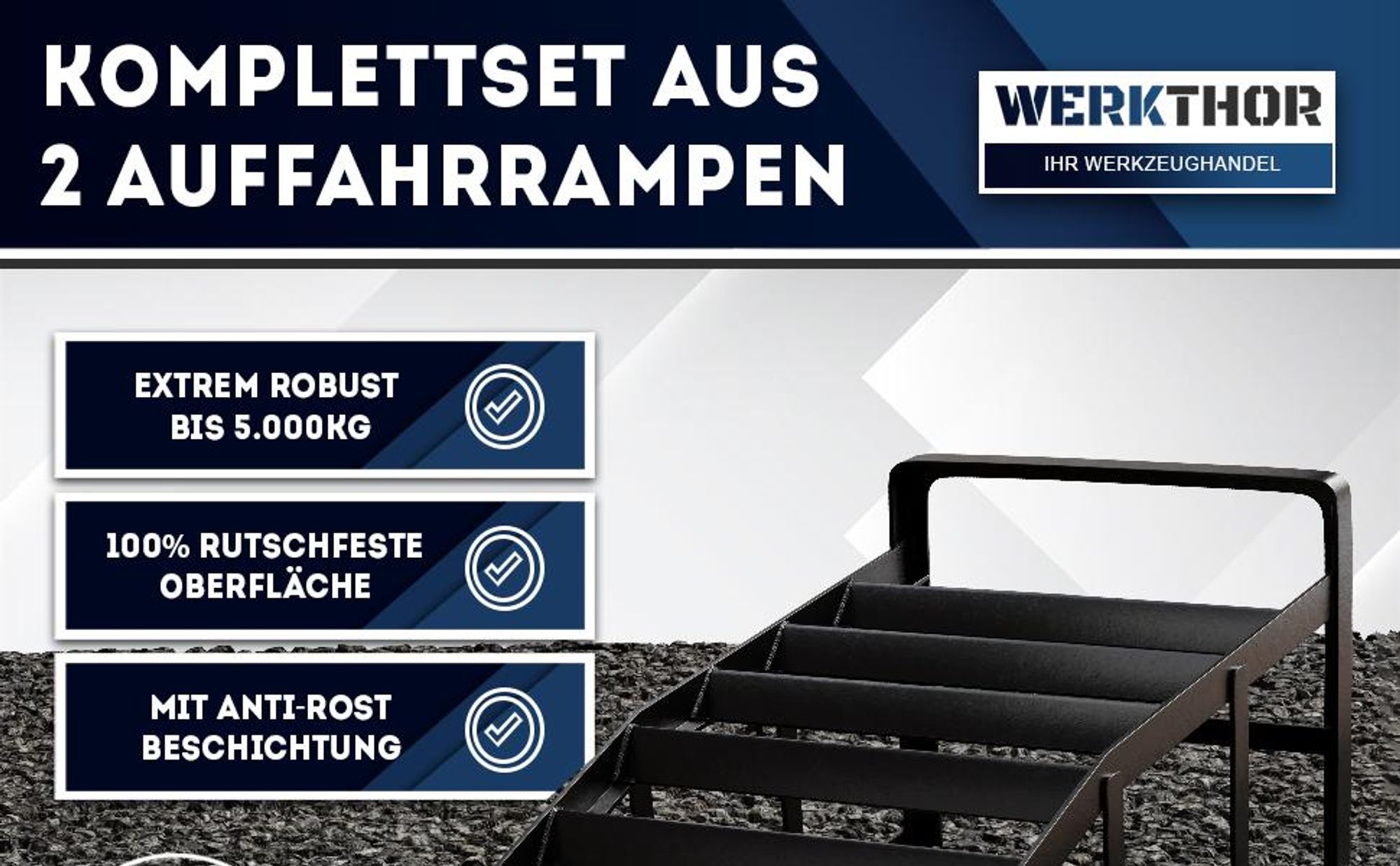 WERKTHOR Auffahrrampe PKW Metall - [2er Set] Auffahrrampen für maximalen Halt [<3t] - Hochbelastbare Rampe Auto für jeden Untergrund